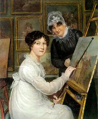 The Artist and her Mother. Painter Rolinda Sharples wears her hair in a mass of curls; her mother wears a sheer indoor cap, 1816.