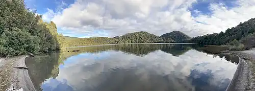 Panorama of Lake Rotopounamu from Ten Minute Beach