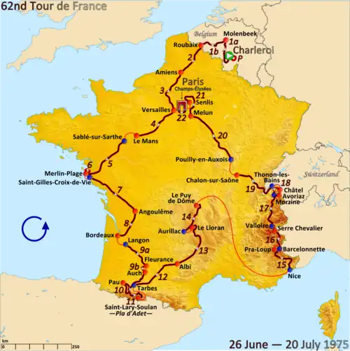 Map of France with the route of the 1975 Tour de France