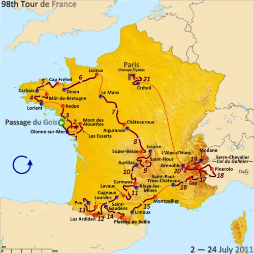 Map of France showing the path of the race.