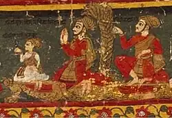 Jitamitra Malla with his brother Ugra Malla (right) and his son Bhupatindra Malla. minitaure from a Paubha dated 1681.[8]