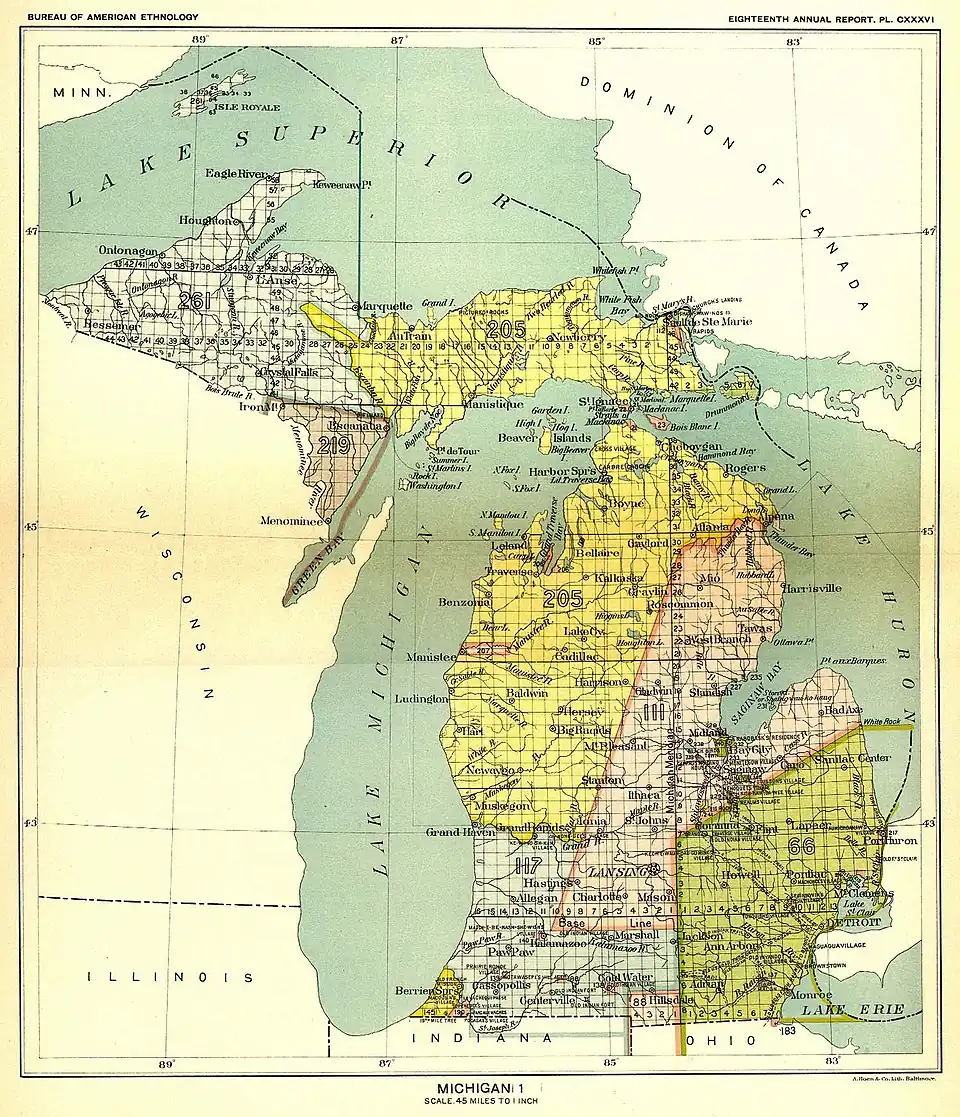 In the 1836 Treaty of Washington, Michigan tribes ceded claims to lands in the yellow (Royce No. 205) area above – covering eastern Upper Peninsula and the northwestern Lower Peninsula of Michigan to the United States – and opened it to settlement.