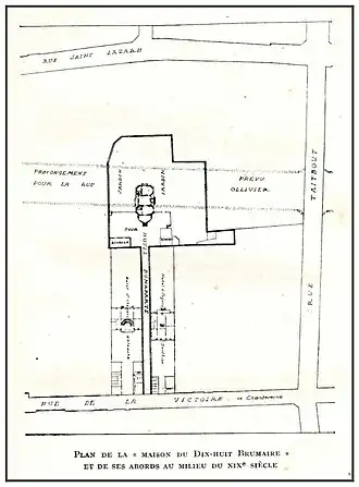 Site plan with the planned extension of the Rue Ollivier (now Rue de Châteaudun) through the Hôtel Bonaparte.