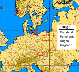 Settlement areas of the Rugii: Rogaland, Pomerania (since 1st century), Rugiland (5th century); Rügen (uncertain)