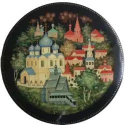 Lacquered box with a Kholuy miniature, depicting the town of Suzdal