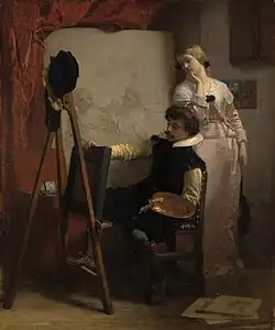 Painter behind his easel shows a painting to a girl (1852) by Florent Joseph Marie Willems