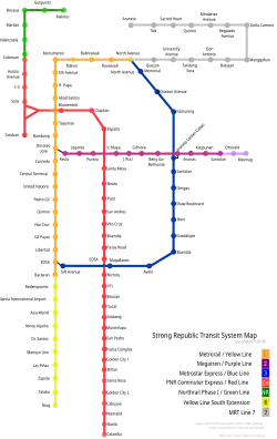 Color-coded lines on an outline map illustrating relative positions of existing and planned routes as described in the text