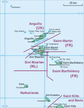 Map showing the location of St.&nbsp;Eustatius relative to Saba and St.&nbsp;Martin
