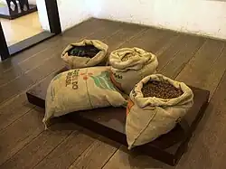 Coffee beans in burlap bags, gunny sacks