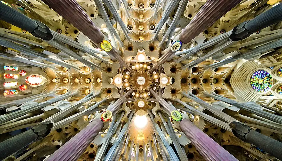 Detail of the ceiling in the nave. Gaudí designed the columns to resemble trees and branches.[72]