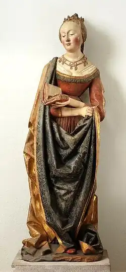 Statuette of Saint Barbara, limewood with paint, probably German, c. 1490