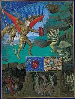 Saint Michael slaying the dragon in Jean Fouquet's Book of Hours, c. 1452