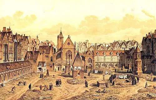 An engraving by Theodor Josef Hubert Hoffbauer of the Saints Innocents Cemetery and its church. The image shows the Rue Saint-Denis on the left, the church at the rear and the graveyard in the foreground. A burial is taking place.