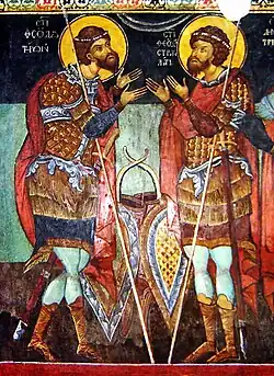 SS Theodore of Amasea (left) and Theodore of Heraclea (right) in a fresco at Kremikovtsi Monastery, Bulgaria (c. 16th cent.)