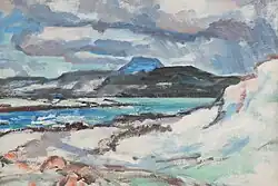 Painting of a blue water body with mountains in background.