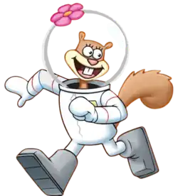 A light brown smiling cartoon squirrel wears a white diving suit with a pink flower on her clear helmet.