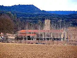 A group of stone buildings seen in the distance, across a plowed field and through a row of bare wintry trees. The buildings have red tile roofs. A stone bell tower rises amid the group.