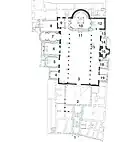 Plan: (1) Prothyrum, (2) Atrium, (3) Nave, (4) St. Peter’s Chapel, (5) St. Charles Borromeo Chapel, (6) Olgiati Chapel, (7) Chapel of the Blessed Sacrament & St. Benedict, (8) Sacristy, (9) Bell Tower, (10) Sanctuary & Monastic Choir, (11) Crypt Entrance, (12) Chapel of the Crucifix of St. Brigid of Sweden, (13) Side Door, (14) Tomb of Cardinal Alano, (15) Tomb of Msgr. Santoni by Bernini, (16) St. Zeno’s Chapel, (17) Sanctuary of the Column of the Lords Flagellation, (18) St. Pius X Chapel, (19) St. Bernardo Uberti Chapel.