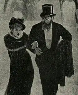 White, top-hatted man in evening costume, accompanying a middle-aged white woman walking outdoors, with linked arms