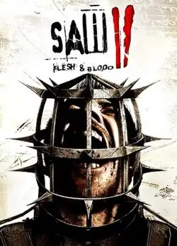 An image of the boxart which features a man's head inside a steel cage behind a mostly beige backdrop. The words "Saw II Flesh & Blood" are written above the man in black letters with a red "II", made to resemble finger streaks of blood. The cropped official North American box art