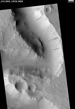 Scamander Vallis, as seen by HiRISE. Click on image to see dark slope streaks in a variety of shades. The darker the streak the younger it is. is an ancient river valley in the Amenthes quadrangle. Scale bar is 500 meters long.