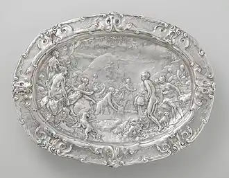Auricular basin with scenes from the story of Diana and Actaeon; 1613; length: 50&nbsp;cm, height: 6&nbsp;cm, width: 40&nbsp;cm; Rijksmuseum (Amsterdam, the Netherlands)