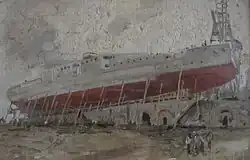 A Habsburg-class battleship on the slipway at the Stabilimento Tecnico Triestino shipyard in 1900–02