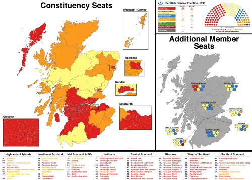 A map showing the constituency winners of the Election by their party colours.