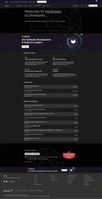 A website screenshot started in: "Resources for Developers, by Developers Documenting web technologies, including CSS, HTML, and JavaScript, since 2005."
