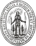 Seal of the colony: A male native, nude but for a skirt of leaves, holding a bow in one hand and an arrow, point down, in the other, with conifers either side. A speech scroll reads "Come over and help us". Surrounding it are the words "SIGILLUM GVB ET SOCIET MATTACHUSETS BAY IN NOVA ANGLIA"