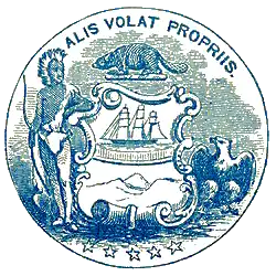 A blue seal that contains a Native American, a beaver, a ship, an eagle, five stars along the bottom, and the Latin phrase Alis Volat Propriis across the top.