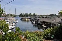 Floating homes on Portage Bay at the foot of E. Shelby Street. Looking toward the Montlake Cut.