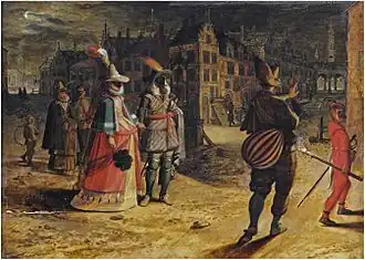 Circa 1600-1646. A view of Antwerp by night with elegant figures on their way to a masquerade