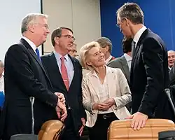 Stoltenberg with UK Defence Secretary Michael Fallon, US Defense Secretary Ash Carter, and German Defence Minister Ursula von der Leyen in Brussels, October 2015