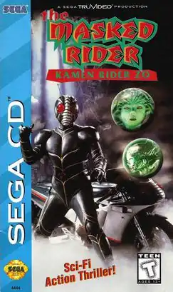 The game's title, "The Masked Rider: Kamen Rider ZO", appears at the top in red and green letters. Below is a man in full armored black body suit with white contour lines and a mask with large red eyes that resembles a grasshopper's face. Behind the man is black motorcycle surrounded by mist.