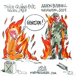 Cartoon by Carlos Latuff comparing Bushnell to Thích Quảng Đức