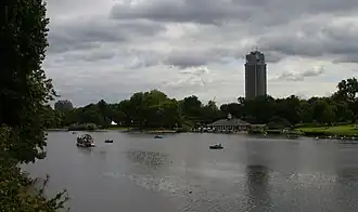 The Serpentine in a rainstorm, looking southeast towards Hyde Park Barracks