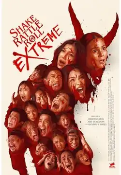 The poster consists of the film's cast bloodbathed, forming a demon-like silhouette.