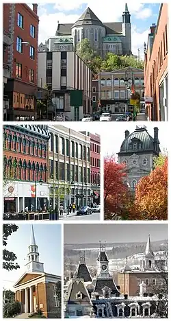From top, left to right: Downtown Sherbrooke, Wellington Street, Sherbrooke City Hall, Plymouth-Trinity United Church, clock tower at the Sherbrooke History Museum