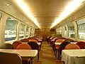 Interior of bilevel restaurant car 168-9001 preserved at SCMaglev and Railway Park in April 2011
