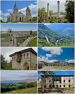 Landmarks of Shusha, from top left: Ghazanchetsots Cathedral&nbsp;• Yukhari Govhar Agha Mosque Shusha fortress&nbsp;• Shusha mountains House of Mehmandarovs&nbsp;• City center Shusha skyline&nbsp;• House of Khurshidbanu Natavan
