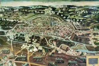 The town of Chartres under siege, across a river.