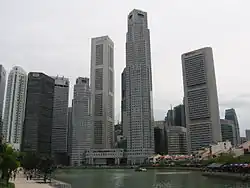 Six Battery Road (brown building on left) is in many photographs of the Singapore skyline.