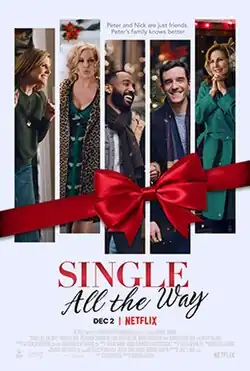 Poster depicting a red Christmas ribbon tied around images of the main characters