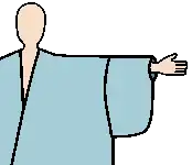 A diagram of a person wearing a wrapped-front robe with a wide body and narrow (in horizontal width) sleeves entirely sewn to the body.