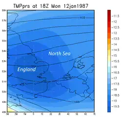 Chart showing the sea-effect snow event of January 1987 in the UK: A continuous stream of showers deposited over 2 feet (24&nbsp;in) of snow over SE coastal regions.