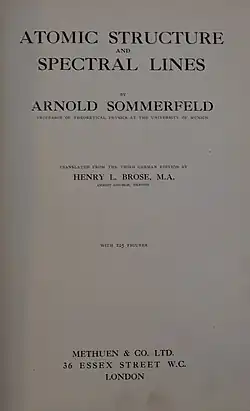 Title page to Arnold Sommerfeld's Atomic Structure and Spectral Lines (1923), translated by Brose