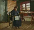 Interiør med kone der læser sin avis, oil on canvas