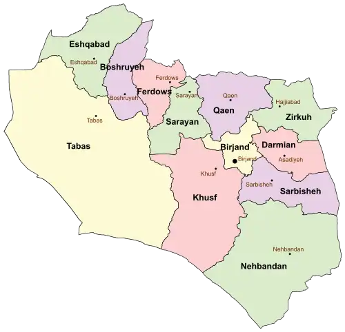 Location of Ferdows County in&nbsp;South&nbsp;Khorasan&nbsp;province (top,&nbsp;pink)
