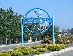 Image 23A Genentech-sponsored sign declaring South San Francisco to be "The Birthplace of Biotechnology." (from History of biotechnology)